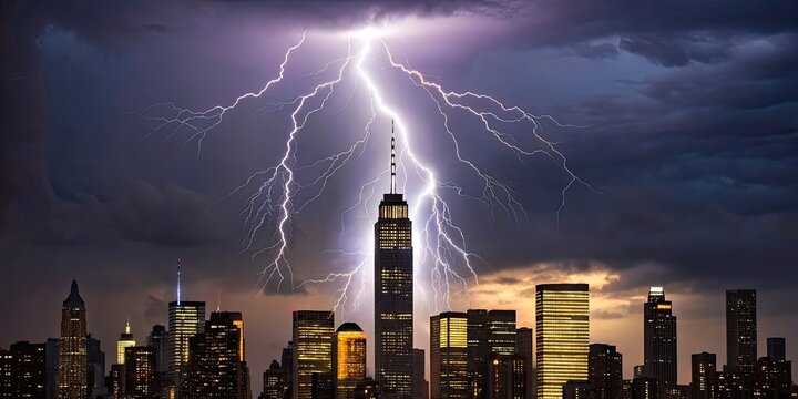 Dramatic lightning storm over city skyline with skyscrapers and dark clouds - Powered by Adobe