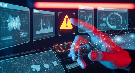Digital Hand Engages with a Critical System Alert on a Futuristic Blue and Red Interface.