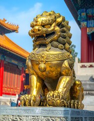 Fototapeta premium Golden guardian statue in a temple complex