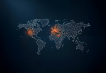 Digital world map network with glowing connection points showing global data flow and cybersecurity technology for business analytics visualization