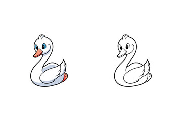 Vector art of a charming swan illustration, presented in both vibrant color and classic black and white line art, , perfect for childrens books and educational materials