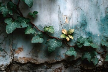 Old, weathered concrete wall with peeling paint and cracks has delicate, dark green ivy vines creeping across its surface, creating a beautiful decay.