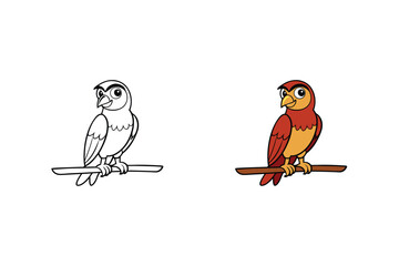 Illustration of a cute bird perched on a branch, presented in both colored and line art versions, ideal for educational materials or childrens books