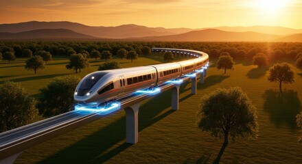 Futuristic Maglev Train Glides on Luminous Blue Energy Through a Verdant Valley at Sunset.