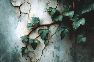 Old, weathered concrete wall with peeling paint and cracks has delicate, dark green ivy vines creeping across its surface, creating a beautiful decay.