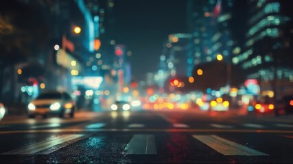 Blurry city street at night with reflections on wet pavement and distant lights - Powered by Adobe