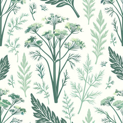 Stylized Green Floral Pattern with Delicate Leaves and Blossoms.