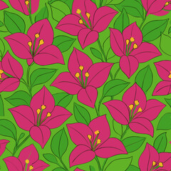 Seamless Pattern of Stylized Pink Flowers with Yellow Stamens and Green Leaves.