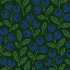 Seamless Pattern of Stylized Blueberries with Green Leaves on Dark Background.