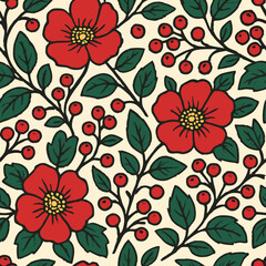 Stylized seamless pattern of red flowers green leaves and berries in a folk art block-print style.