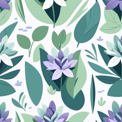 Seamless botanical pattern of stylized purple and white flowers with lush green and teal leaves.