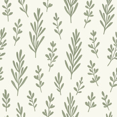 Seamless Pattern of Sage Green Botanical Sprigs and Leaves.