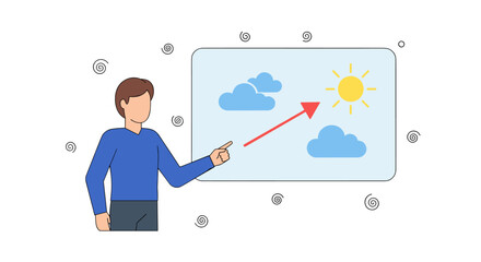 An illustrated presentation shows a man pointing at a diagram depicting weather changes with clouds and a sun, representing a forecast or climate concept.
