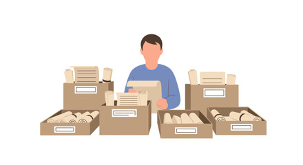 An illustration depicts a person surrounded by cardboard boxes filled with various items, suggesting packing, shipping, or inventory management in a clean, minimalist style against a white background.