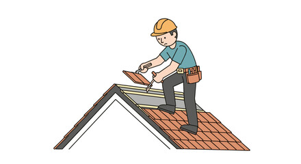 A construction worker, wearing a hard hat, carefully places roof tiles on a house, illustrating home improvement and residential construction against a white background.