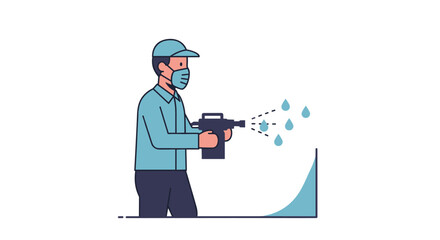 An illustrated depiction of a man in protective gear spraying disinfectant, likely for sanitization and cleaning, in a stylized, minimalist illustration suitable for various commercial applications.