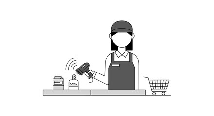 A cashier scans items at a checkout counter in a retail setting, using a barcode scanner to process purchases and manage sales transactions efficiently.