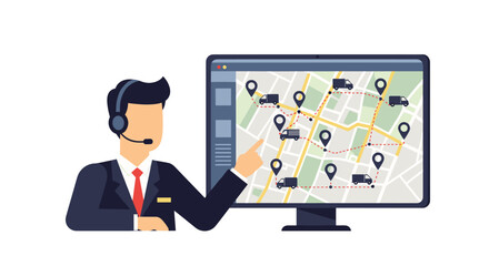 A business professional wearing a headset points to a computer screen displaying a map with truck icons, symbolizing logistics and delivery tracking in a modern, digital workflow.