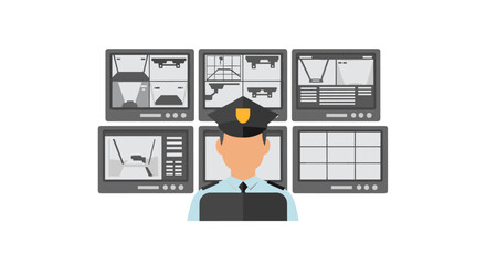 An illustration depicts a security guard monitoring multiple surveillance screens, representing safety, protection, and vigilance in a modern security context, emphasizing monitoring.