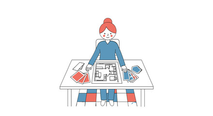 An illustrated woman sits at a table, engrossed in a house plan and card game, likely planning a new home or renovation project with focus and detail.