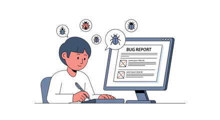 A young person, illustrated in a modern style, works diligently to document and report a software bug on a computer screen, with bug icons overhead.