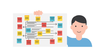 An illustrated man presents a project plan with sticky notes, symbolizing planning, strategy, and teamwork, ideal for business and project management concepts.