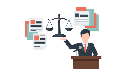 A vector illustration depicts a lawyer presenting legal documents with scales of justice symbolizing fairness and law enforcement in a professional courtroom setting.