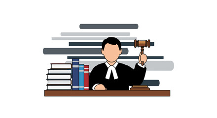 An illustration depicts a judge in a courtroom setting, holding a gavel above a desk with books, symbolizing law, justice, and legal proceedings against a white background.