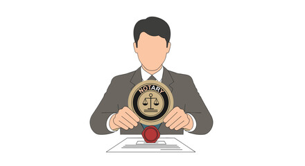 A professional notary public, depicted in a clean, vector illustration, holding a notary seal above a document, representing legal and business services.