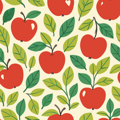 Vibrant hand-drawn red apples and green leaves organic seamless pattern with subtle brushstroke textures.