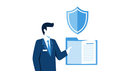 A professional man in a suit presents a document folder with a shield icon, symbolizing data protection and security in a digital environment, against a white background.