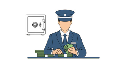 An illustration depicts a uniformed security guard counting cash at a desk with a safe nearby, representing financial security and banking concepts in a clean, modern style.