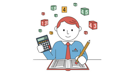 A cartoon illustration depicts a man working with a calculator and pencil, surrounded by floating number blocks, representing accounting or financial calculations and analysis.