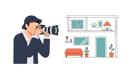 An illustrated photographer, wearing a hat, captures an image of a modern house interior, showcasing the concept of real estate, property, and homeownership.