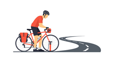 A cyclist in a red shirt and black shorts rides a road bike on a winding asphalt road, representing fitness, travel, and outdoor recreation against a white background.