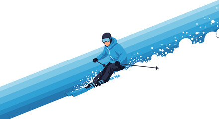 An illustrated skier in a blue winter outfit carves down a snowy slope, creating a dynamic graphic representation of winter sports and outdoor recreation against a white background.