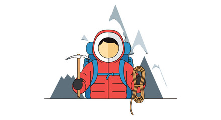 An illustrated climber, clad in a red jacket and backpack, prepares to scale a mountain with an ice axe and rope, set against a minimalist mountain range.
