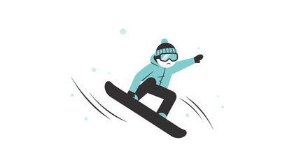 An illustration showcases a person snowboarding, enjoying a winter sport with a modern design style, featuring a clean white background and subtle snowflakes.