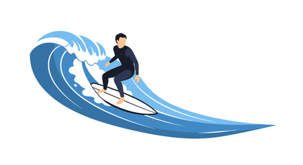An illustration depicts a surfer riding a large, stylized ocean wave, showcasing the thrill of watersports and the beauty of the sea against a clean white backdrop.