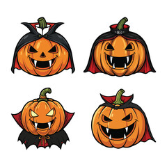 Halloween pumpkins wearing vampire costumes on white background