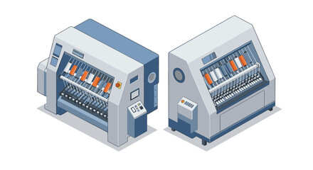 Fototapeta premium Industrial printing machines in isometric style for modern manufacturing