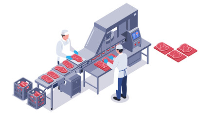 Automated meat processing production with workers in isometric design