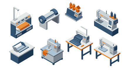 Isometric factory machines set: industrial equipment models for manufacturing