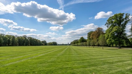 Scenic view of green meadow with trees and blue sky landscape