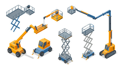 Isometric construction equipment with elevated work platforms and cranes