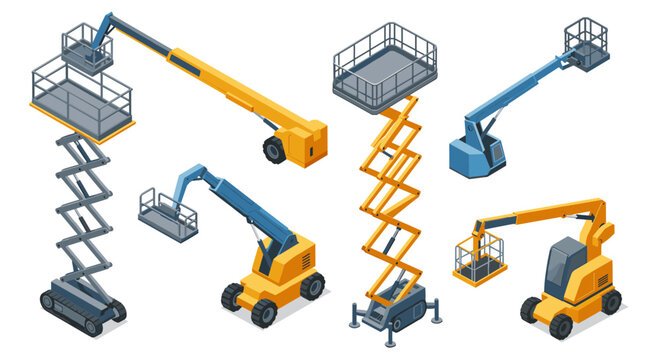 Collection of isometric boom lifts and scissor lifts in various positions