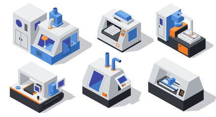 Obraz premium Isometric industrial machines set with modern geometric design elements