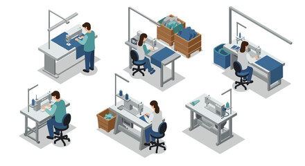 Obraz premium Isometric sewing workshop with seamstresses and equipment