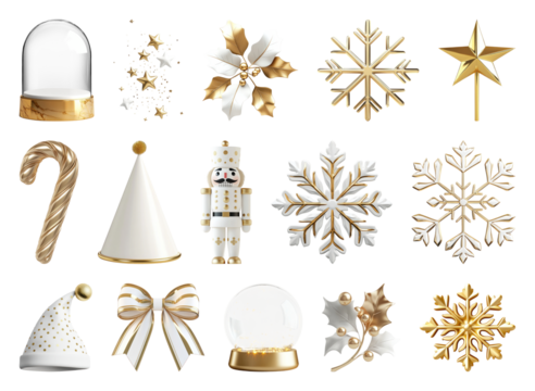 PNG Elegant gold white Christmas decorations, element set on transparent background