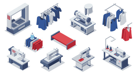 Obraz premium Isometric clothing and sewing equipment in a modern factory setting